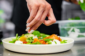Hand garnishing a vibrant salad with fresh greens, tomatoes, and cheese on a white plate, in a kitchen setting. A moment of meal preparation captured