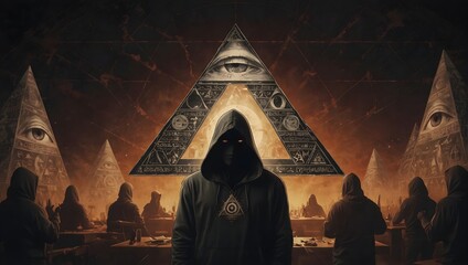 secret meeting of the illuminati, the Illuminati eye in the triangle, illuminati as reptilians, new world order - obrazy, fototapety, plakaty