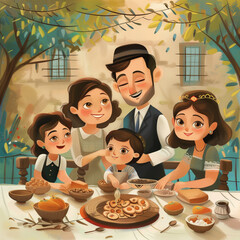 Happy jewish family is celebrating holiday at decorated table postcard