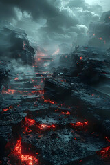 Tempestuous Celestial Abyss:Volcanic Eruption Amidst Surreal Desolation in Cinematic Grandeur