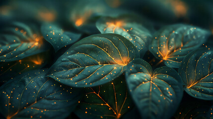 Petal pattern with green leaves and golden light