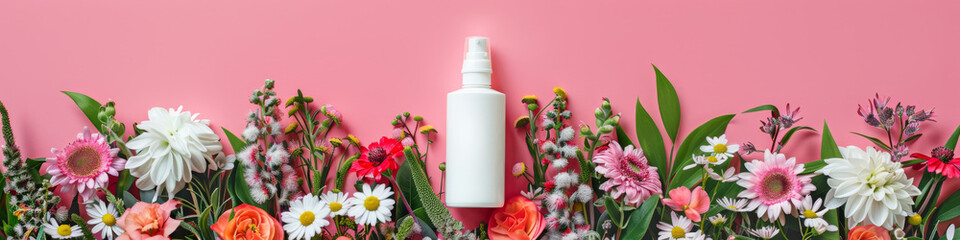 Floral Allergy Relief Spray on Pink Background with Blooming Flowers