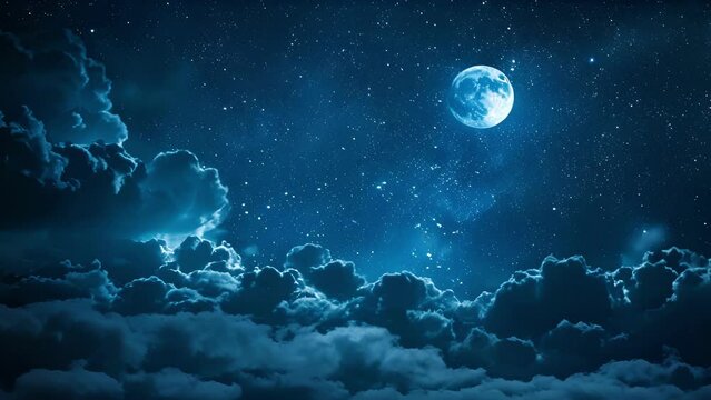 Radiant stars le against a velvety midnight blue sky with clouds gently drifting past like fleeting dreams. This mesmerizing backdrop . AI generation.