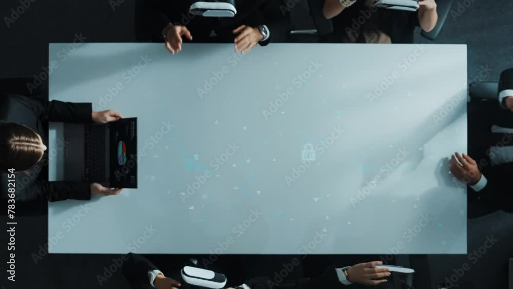 Poster top view of diverse data analysts wearing vr headsets to enter security code while using hand gestur