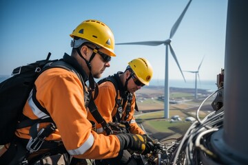 A group of industrial rope access technicians standing next to each other near a row of large wind turbines. They appear to be inspecting or performing maintenance work on the turbines
