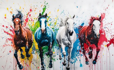 5 horses running towards camera, white background, colorful splashes of paint on the wall behind them