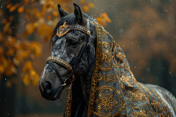 Majestic Black Horse Adorned with Ornate Bridle in Autumn Splendor - obrazy, fototapety, plakaty