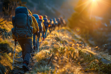 Group Hiking Adventure at Sunset in Mountainous Terrain