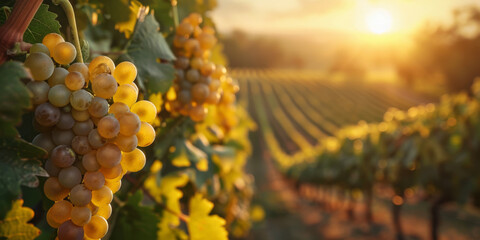 Golden Sunset Over Lush Vineyard with Ripe Grapes