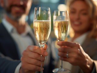 A man and woman are holding up champagne glasses, smiling and celebrating. Concept of happiness and joy, as the couple is enjoying a special occasion together