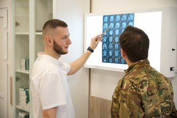 Neurologist interpreting head magnetic resonance imaging to military patient