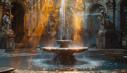 A fountain in a courtyard with statues of people around it - obrazy, fototapety, plakaty