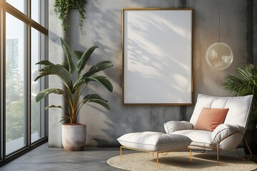 mockup design blank photo frame hanging on wall at cozy living room, boho style interior room with sunlight, light and shadow play, Generative Ai  