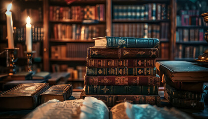 A library with many books and candles on a table - obrazy, fototapety, plakaty