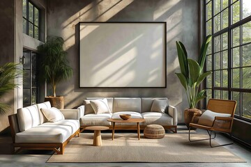 mockup design blank photo frame hanging on wall at cozy living room, boho style interior room with sunlight, light and shadow play, Generative Ai  