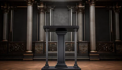 Fotobehang A black podium stands in a grand hall with marble columns and a coffered ceiling. © Wonderful Studio