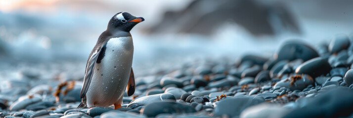 Solitary Penguin on Pebble Beach at Twilight - obrazy, fototapety, plakaty