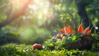 A basket full of fresh vegetables, such as carrots and green leafy greens, is placed on the grass in front of lush trees with sunlight filtering through them - Powered by Adobe
