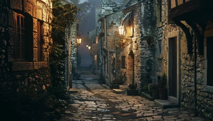 Deurstickers Smal steegje A dark alleyway with a street lamp in the middle