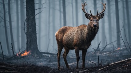 Deer in forest after fire. Generative AI