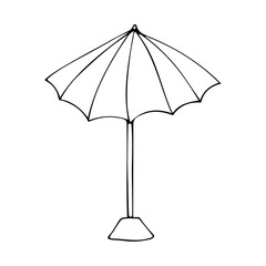 Large outdoor sun umbrella. Beach umbrella for shade and comfortable relaxation. Monochrome black line vector elements isolated on white background.Hand drawn sketch.