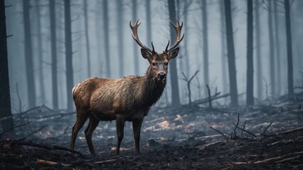 Deer in forest after fire. Generative AI