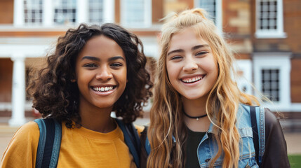 Two teenage girls infront of university building smiling, having