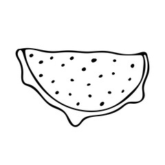 Delicious tropical fruit Pitahaya. Semicircular slice of Dragon Fruit. Summer healthy natural sweet fruit snack. Exotic cactus fruit. Hand drawing black line doodle vector illustration on white back.