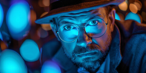 Mysterious Man with Hat Illuminated by Blue Neon Lights
