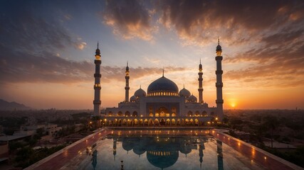 Majestic mosque, adorned with multiple domes, towering minarets, illuminated by soft glow of setting sun. Architectural masterpiece reflects intricate design. - obrazy, fototapety, plakaty