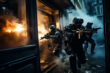 A group of special operations forces running through a building while breaching a door. They are in tactical gear, moving swiftly and purposefully through the structure