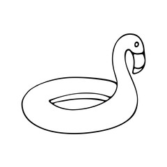 Rubber inflatable flamingo circle for swimming in the sea,pool. Protective inflatable ring for children. Comfortable and safe holiday on the water.Hand drawing black line doodle vector on white