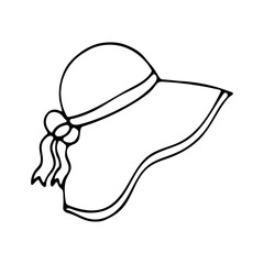 Cute round women's panama hat with bow. Hat with soft sides against the summer sun. Beach romantic hat for vacation. Side view.Hand drawing black line doodle vector illustration.Isolated on white back