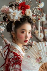 Woman in kimono holding fan