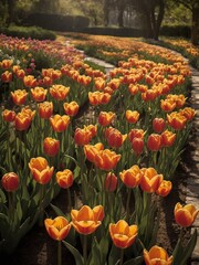 Garden bathed in soft glow of sunlight showcases vibrant display of tulips, their petals mix of warm orange, yellow hues, standing tall amidst lush greenery. Each flower captured in exquisite detail.
