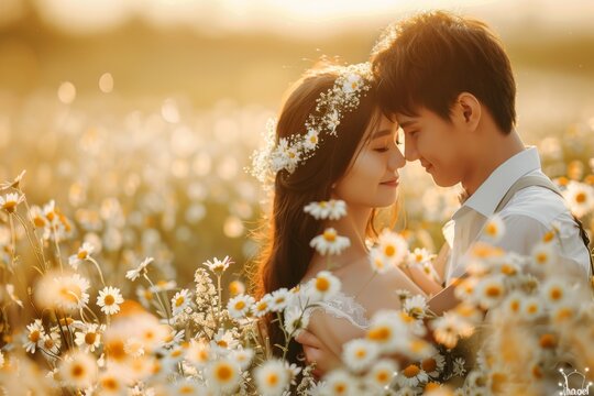A couple is joyful among daisies, taking photos at their wedding in the field