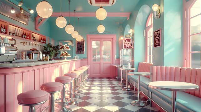 Vintage Ice Cream Parlor Interior with Cinematic Photographic Style and