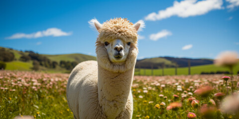 Fototapeta premium Adorable Alpaca Basking in Sunshine Amidst Flowery Field
