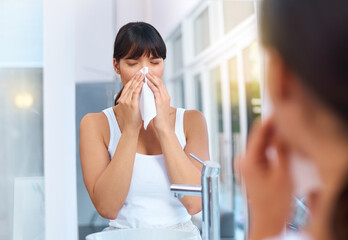 Woman, sick and allergies in bathroom for healthcare, virus and illness in morning for weather...