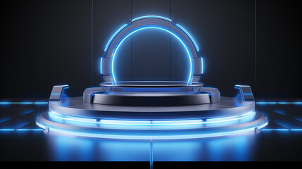 A glowing blue and black futuristic pedestal or stage prop for displaying products. - obrazy, fototapety, plakaty