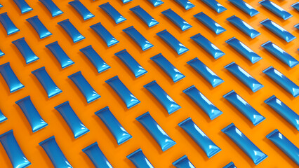 Realistic mockups of blue flow packs on orange background. 3d illustration