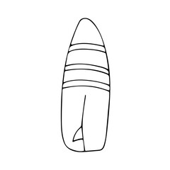 Cute minimalistic surfboard. Active holidays on the coast. Water sports on vacation. Summer water hobby with a swimming board.Hand drawing.Black line doodle vector illustration. Isolated on white back