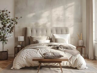 Tranquil and Cozy Bedroom With Textured Upholstered Headboard and Natural Decor Elements