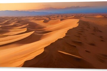 Aerial View of sand dunes at sunset in the Sahara desert, Djanet, Algeria, Africa. Generative AI - obrazy, fototapety, plakaty