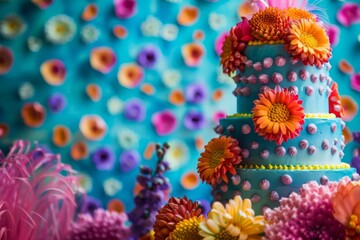 Fototapeta na wymiar Colorful cake displayed in front of a vibrant flower wall