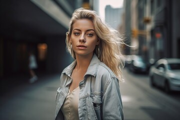 Fototapeta premium She is wearing a denim jacket and a white dress