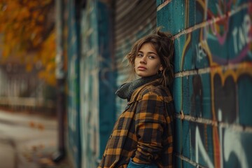 Fototapeta premium A woman in a plaid jacket stands in front of a wall covered in graffiti
