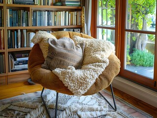 Cozy and Inviting Reading Nook with Textured Armchair and Plush Pillows for Relaxation and Quiet Contemplation