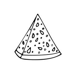 Triangular slice of watermelon with seeds. Summer harvest. Healthy, natural summer snack with juicy watermelon. Refreshing food.Hand drawing.Black line doodle vector illustration. Isolated on white.
