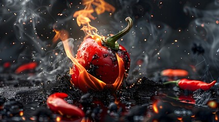 Explosion of Scorching Red Hot Chili Pepper Engulfed in Raging Inferno - obrazy, fototapety, plakaty